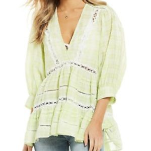 Free People lime green plaid embroidered deep v tunic puff elbow sleeve medium